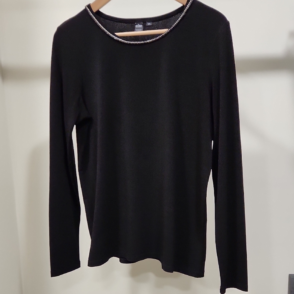Icone Black Long Sleeve Crewneck Top with Embellished Neckline